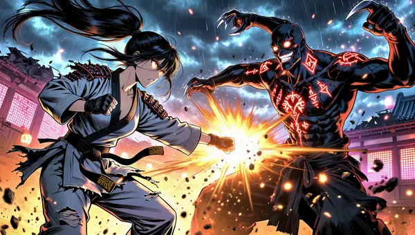 Z Image anime output — Japanese woman warrior in modernized karate gi mid-strike against a four-armed demon villain with glowing eyes in a ruined neon dojo city