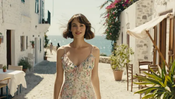 Z Image cinematic digital art output — 28-year-old American woman in a floral sundress at a Mediterranean coastal town, warm golden-hour cinematic lighting