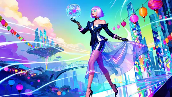 Z Image stylized illustration output — Southeast Asian woman in a futuristic high-fashion outfit reaching toward a floating holographic sphere in a surreal floating marketplace city