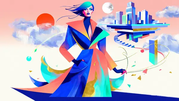 Z Image stylized illustration output — Latin-American woman with teal and midnight-blue gradient hair in a conceptual couture outfit against a surreal floating geometric cityscape