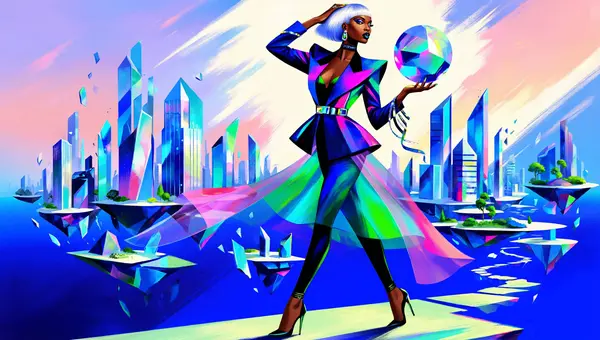 Z Image stylized illustration output — African-American woman with platinum bob in futuristic couture holding a translucent geometric orb against a fragmented glass cityscape
