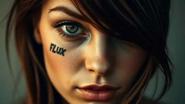 Image generated with Flux.1 Schnell in ComfyUI — close-up portrait of a woman with green eyes and Flux face tattoo