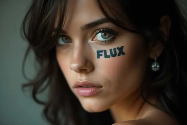 Image generated with Flux.1 Dev in ComfyUI — high-quality close-up portrait of a woman with green eyes and Flux face tattoo showing superior detail