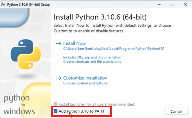 Python 3.10 Windows installer showing the Add Python to PATH checkbox that must be ticked before installation