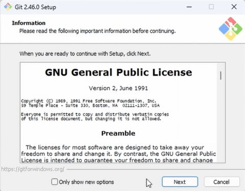 Git for Windows installer showing the default settings selection screen during installation