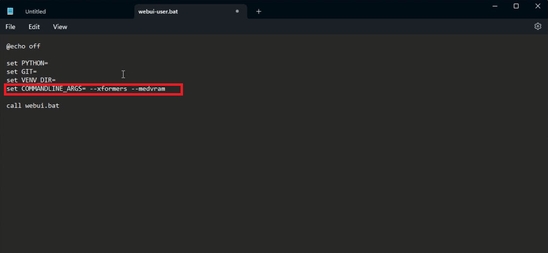 Notepad showing webui-user.bat file with COMMANDLINE_ARGS flags added for Automatic1111 optimization