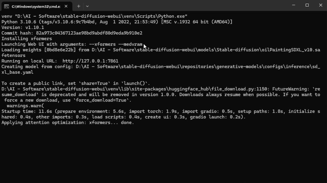 Windows terminal showing Automatic1111 stable diffusion webui starting up and displaying the local URL http://127.0.0.1:7860