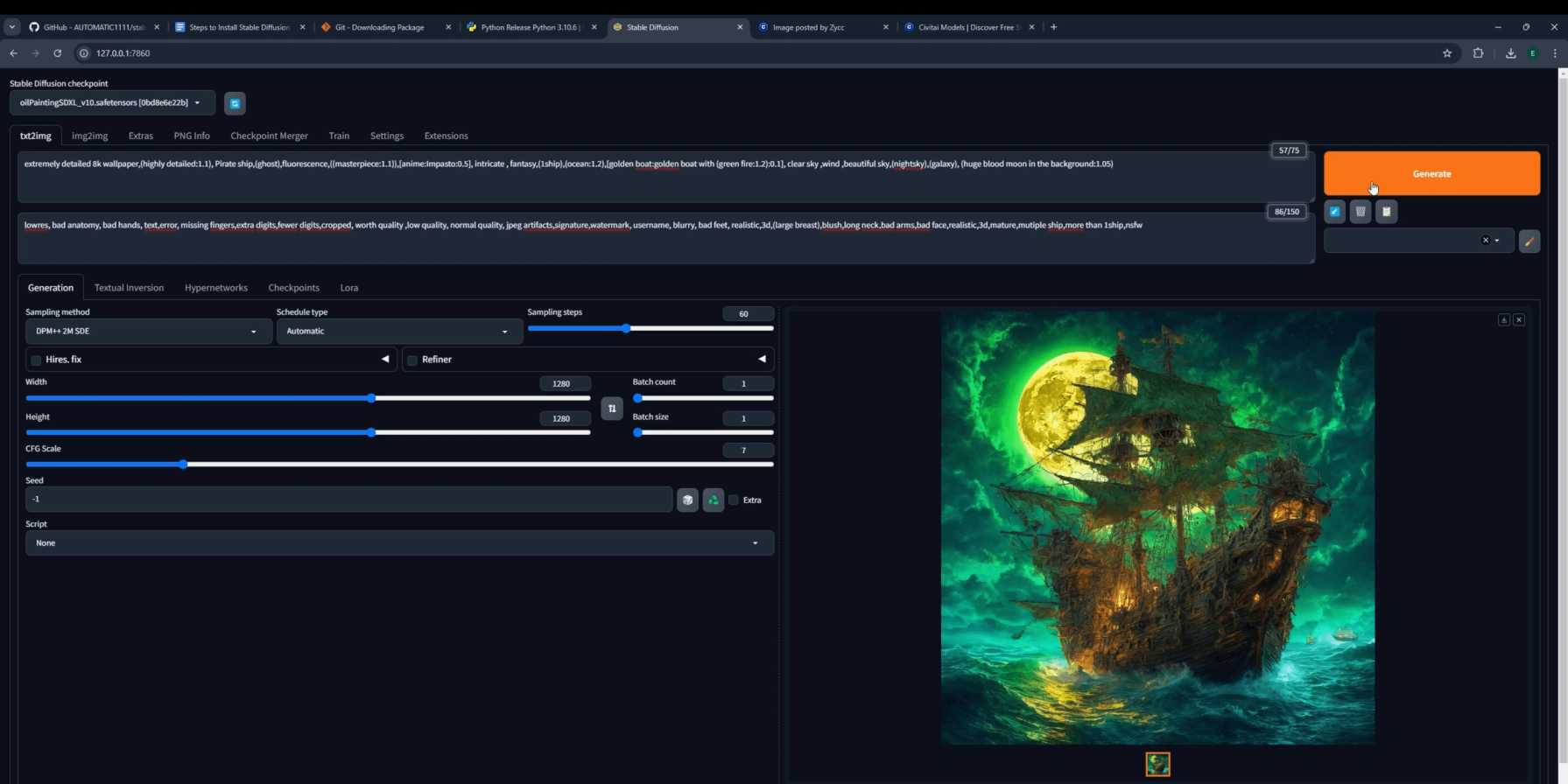 Automatic1111 Stable Diffusion web UI showing an AI-generated image of a cat wearing a hat in the output panel