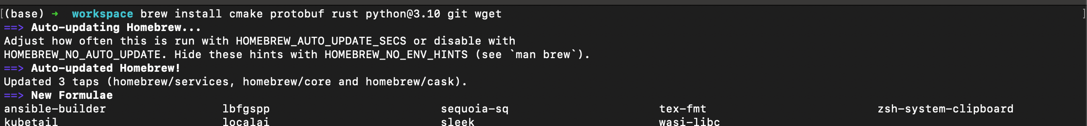 macOS Terminal showing brew install command running and installing all required packages