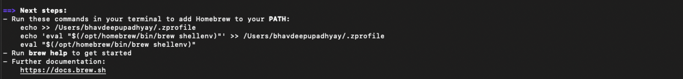 macOS Terminal showing Homebrew PATH setup instructions after installation