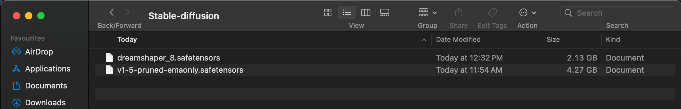 macOS Finder showing the model .safetensors file placed inside the stable-diffusion-webui/models/stable-diffusion folder