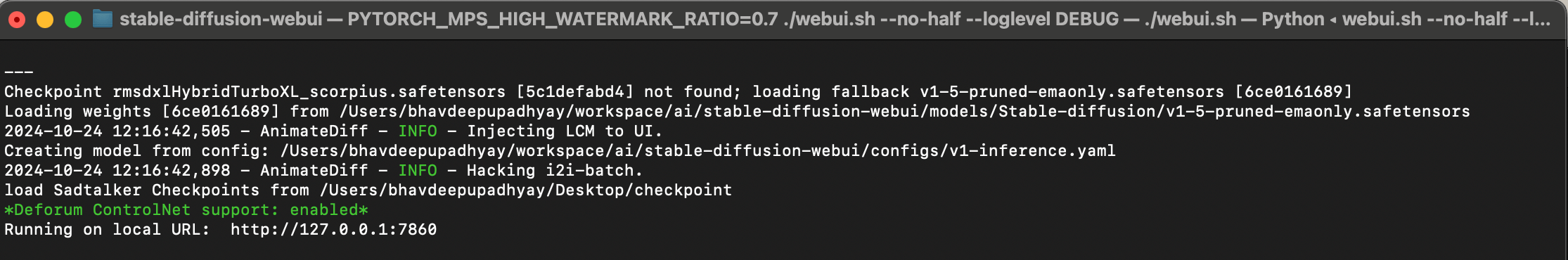 macOS Terminal showing Stable Diffusion WebUI starting up and downloading required Python packages on first launch