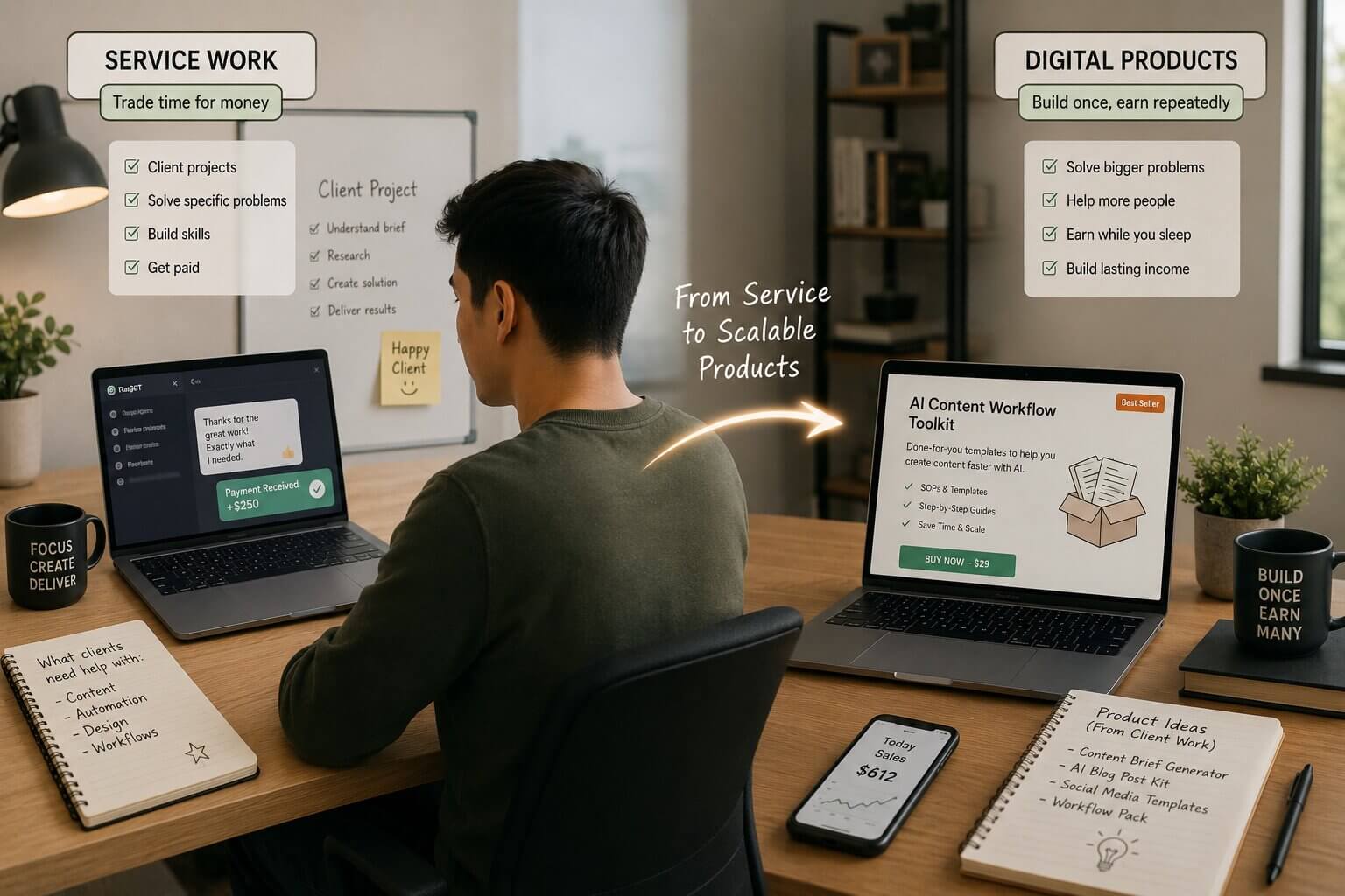 AI income builder transitioning from service work to digital products